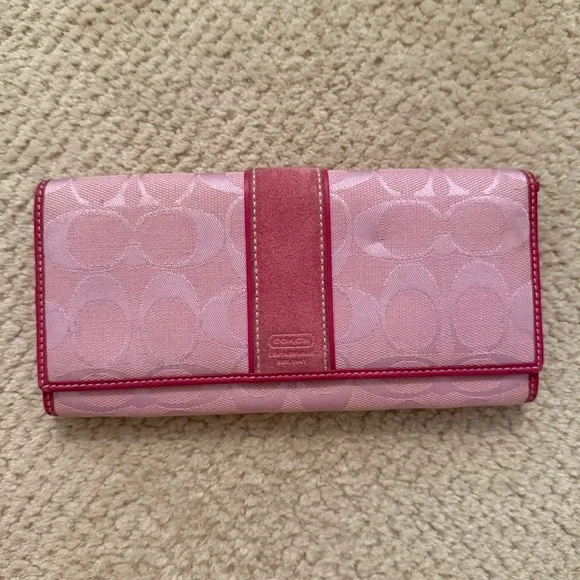 COACH Pink Signature C Monogram Canvas French Flap Bifold Wallet Suede Strap Y2K - Picture 1 of 6